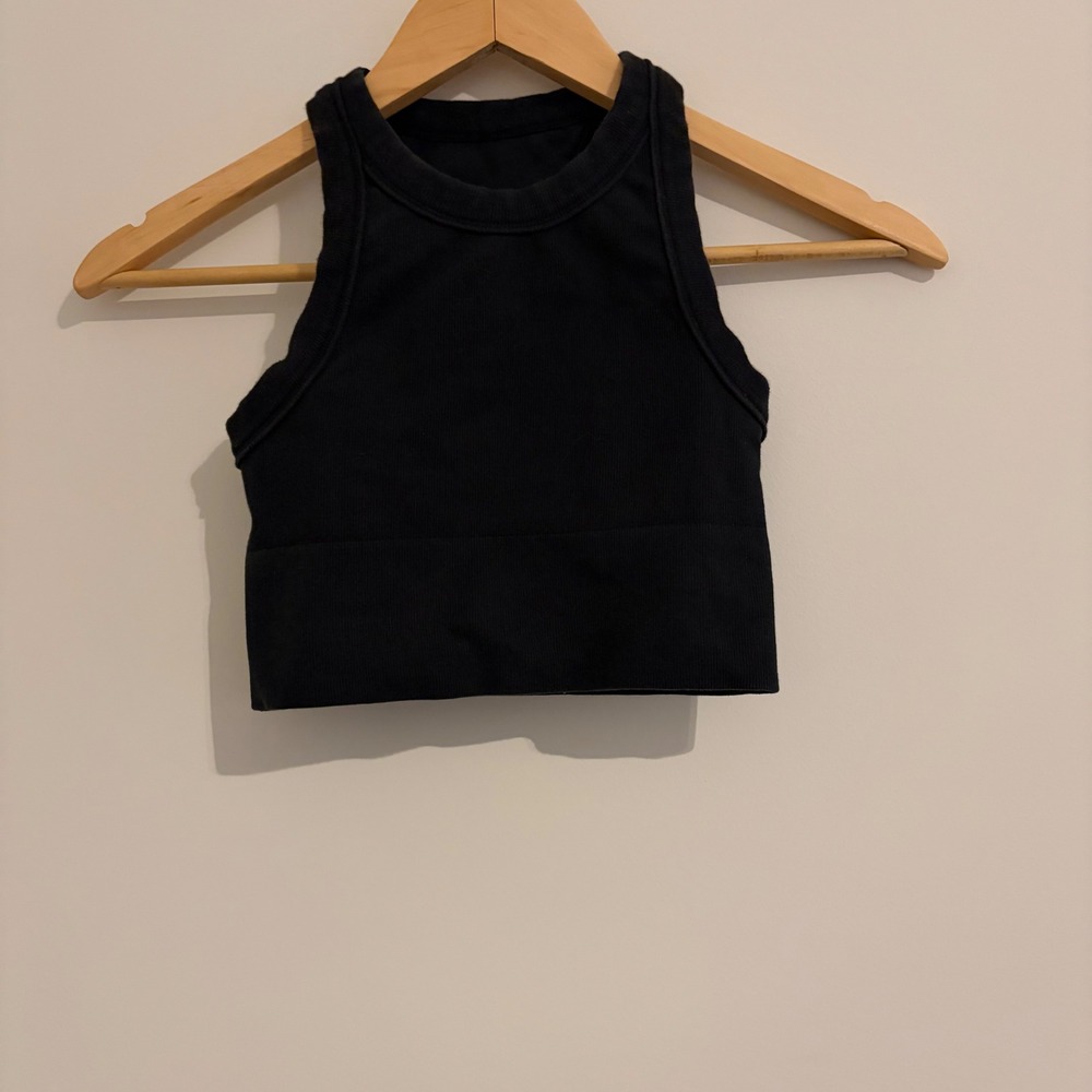 Alo Yoga Black Ribbed Seamless Cropped Tank Top Racerback High Neck Womens XS